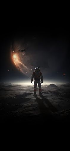 an astronaut standing in the middle of a dark space with bright light coming from behind him