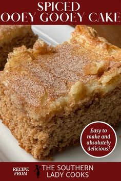 a close up of a piece of cake on a plate with the title spiced gooey cake