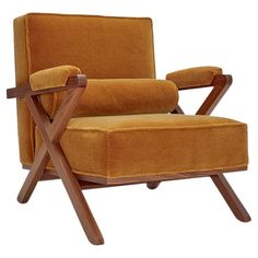 an orange chair with wooden arms and legs