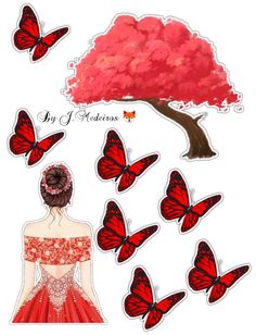 a woman in a red dress standing next to a tree with butterflies flying around her