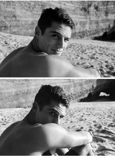 two pictures of a man with no shirt on sitting in the sand at the beach