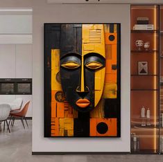 an abstract painting on the wall in a living room with modern furniture and decor items