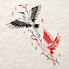 Black and red two Japanese cranes tattoo design idea Crane Arm Tattoo Women, Crane And Fan Tattoo, Red Black Line Tattoo, Red And Black Fine Line Tattoo, Japanese Line Tattoo, Red Outline Tattoo, Black And Red Tattoo Design