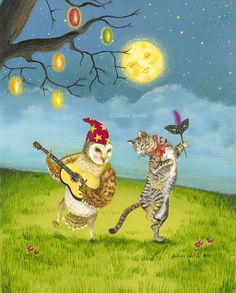 two cats playing guitar in the grass under a tree at night with lights hanging from it's branches