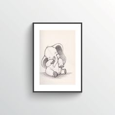 a black and white drawing of an elephant with its baby in it's lap