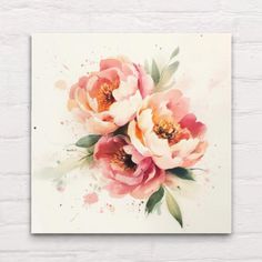 watercolor painting of pink flowers on white brick wall