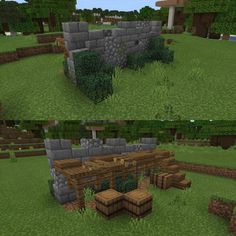 two different views of a small house in the middle of some grass and rocks,