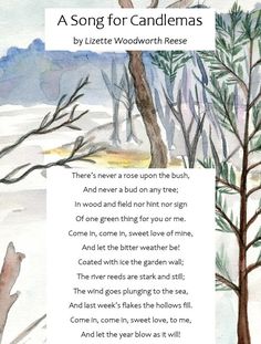 a poem written in watercolor on paper with trees and snow covered ground behind it