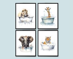 four pictures of animals in bathtubs with watercolor paint splashing on them