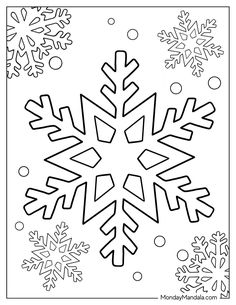 a snowflake is shown in black and white with lots of snow flakes