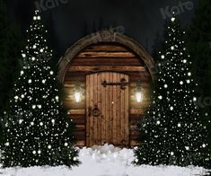 a wooden door surrounded by snow and christmas trees with lights on it in the dark