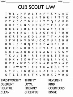 the cub scout law word search is shown in black and white, with words that appear to