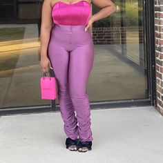 Purple Stretch Pants With Ruched Detail. High Waisted With Zipper Detail. Stretch Spandex Nylon Material. Model Is Wearing Size Medium. Trendy Party Bottoms With Ruched Sides, Ruched Pants, Cream Cargo Pants, Pink Two Piece, Black Scrubs, Culotte Jumpsuit, Urban Outfitters Pants, Wide Leg Cropped Pants, Purple Rain