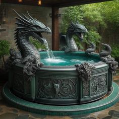 a fountain with two dragon statues sitting on top of it