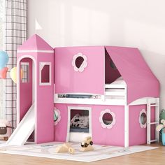 Castle like Twin Size Loft Bed With Slide Pink Tent And Tower