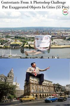 the cover of an article with two photos of people in front of buildings and water