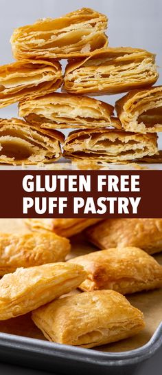 gluten free puff pastry is shown on a baking sheet with the words gluten free puff pastry below it