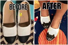 Cap Toe Shoes to Cat Shoes  So cute! Why not make a pair for you and then also for your kids to wear! No Sew Tutu, Shoe Refashion, How To Make Tutu, Cat Shoes