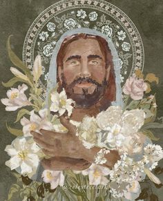 a painting of jesus holding flowers in his hands