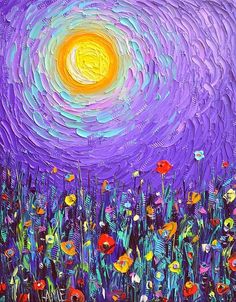 an abstract painting of flowers and grass with the sun in the sky above it,