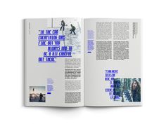 an open book with blue text on the cover and inside pages showing images of people walking