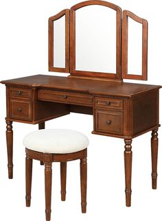 a wooden desk with mirror and stool on it's side, against a white background