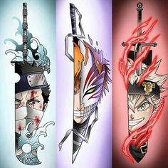 three different colored images of anime characters with swords in their hands, one is wearing a mask and the other has an eye patch