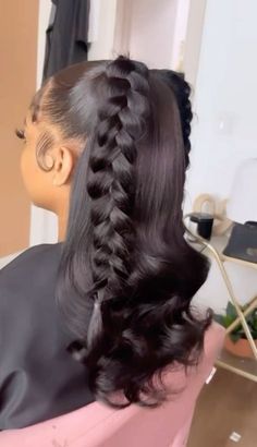 College Back To School Hairstyles, Silk Press With Fishtail Braid, Frontal Wig Hairstyles Medium Length, Princess Ponytail Hairstyles, Bad B Hairstyles, 2 Weave Ponytails, Two Ponytails With Weave In The Back, Birthday Hairstyles Curly, Hard Hairstyles For Long Hair