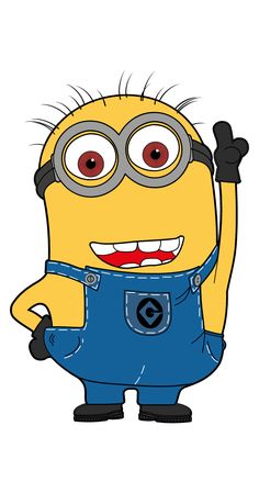 a cartoon minion wearing glasses and overalls with one hand up in the air