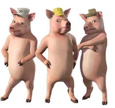 three pigs standing in different poses with hats on their heads and arms wrapped around each other