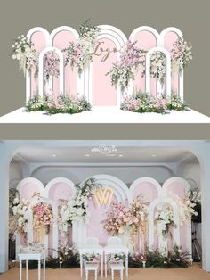 the wedding stage is decorated with pink and white flowers, greenery, and chairs