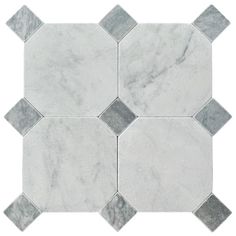 a white and grey marble tile with hexagonals in the middle, on a white background