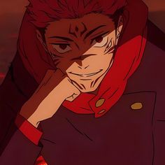 an anime character with his hand on his chin looking at the camera while wearing a red scarf