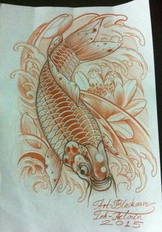 a drawing of a koi fish with water lilies on it's back