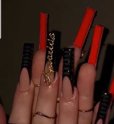 Red And Black Nails Black Women, Red Bottom Acrylic Nails Square, Long Acrylic Nails Red Bottoms, Long Square Acrylic Nails Red And Black, White Red Bottom Acrylic Nails, Cute Red Birthday Nails, Cute 19th Birthday Nails, Red And Black Birthday Nails Acrylic, Red Black And Gold Acrylic Nails