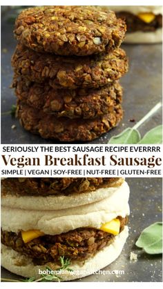 three burgers stacked on top of each other with the words vegan breakfast sausage