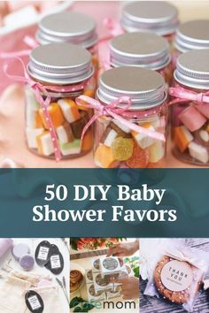 baby shower favors in jars with ribbons and tags