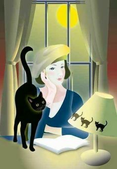 a woman sitting at a table with a black cat on her lap next to a lamp