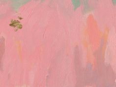 an abstract painting with pink, green and gold paint strokes on the bottom half of it