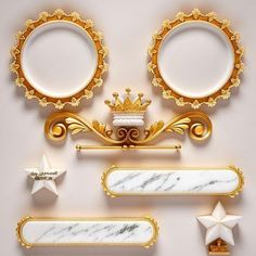 an assortment of gold and white objects on a white surface with stars in the background