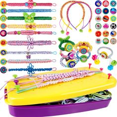 a purple container filled with lots of colorful bracelets