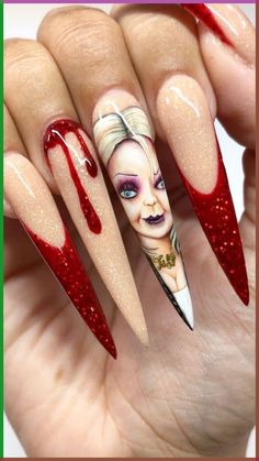 Celebrate Halloween with the perfect Halloween nail ideas! Check out these spooky and elegant Halloween nail designs for an unforgettable… Bride Of Chucky Nail Art, Bride Of Chucky Nails, Lilith Nails, Cool Easy Nails, Chucky Bride, Tiffany Nails, Nail Halloween