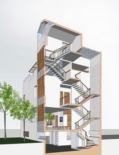 an architectural drawing of a house with stairs and trees in the front ground floor area