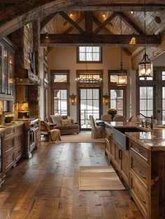 French Country, Cottage & Farmhouse | This beautiful open-plan living area beautifully combines rustic charm with modern elegance Log Cabin Homes Kitchen, Canadian House Interior Design, Montana Aesthetic Home, Western House Decor Ranch Style Rustic, Western House Interior, Old Fashioned Interior, Western Houses Ranch Style, Timber Frame Ceiling, Western Style House