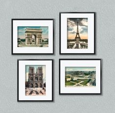 four framed photographs of the eiffel tower in paris, france on a wall