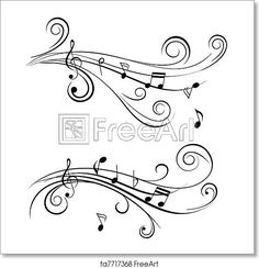 music notes and musical staffs with swirly lines