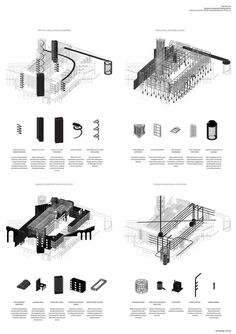 four diagrams showing different types of buildings in black and white, with text below them