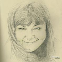 a pencil drawing of a woman's face with her hair pulled back and smiling