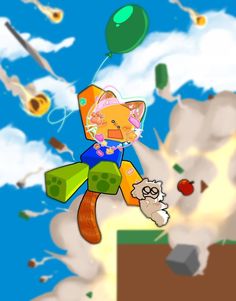 an animated cat flying through the air with balloons in the sky behind it and clouds above