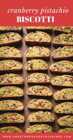 cranberry pistachio biscotti on a baking sheet with text overlay